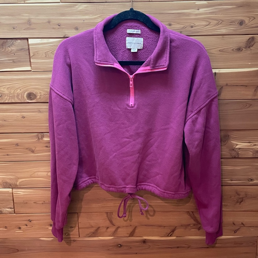 American Eagle Women's Purple/Pink Quarter-Zip Fleece Crop Top Size M